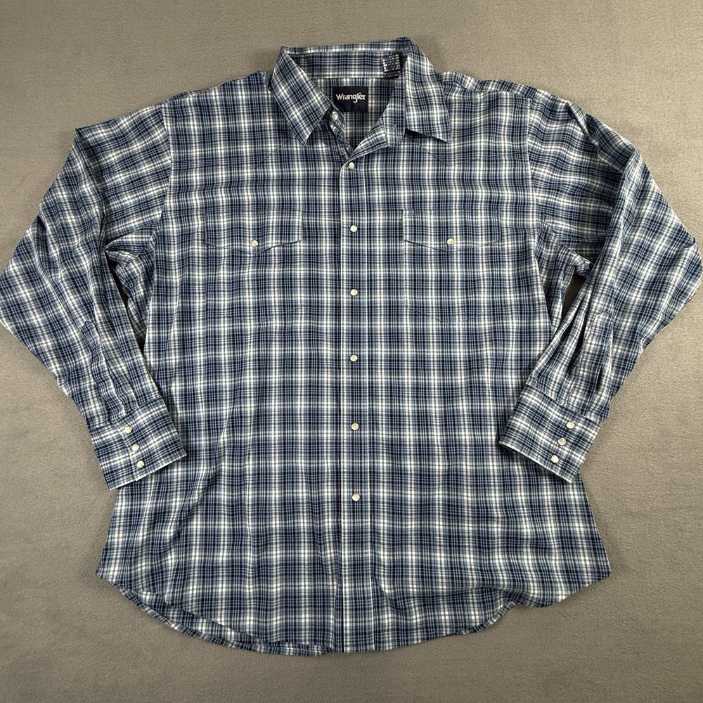 WRANGLER SHIRT Cowboy Cut Plaid Blue Long Sleeve Men's Size 2XL Pearl Snap